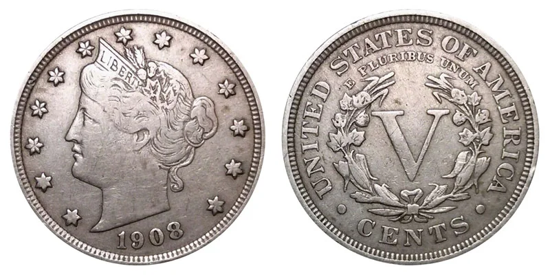 1908 Liberty Head V Nickel obverse and reverse showing Lady Liberty portrait and Roman numeral V