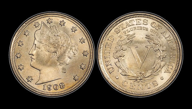 Side-by-side comparison of 1908 common date versus 1908/9 overdate RPD-002 showing the underlying 9 beneath the 8 at magnification
