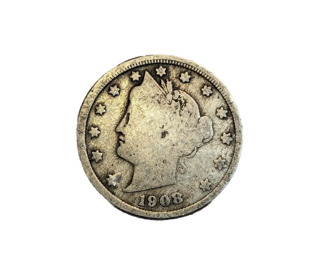 1908 Liberty nickel RPD-001 variety showing underlying 198 and 19 digit impressions in the date at magnification