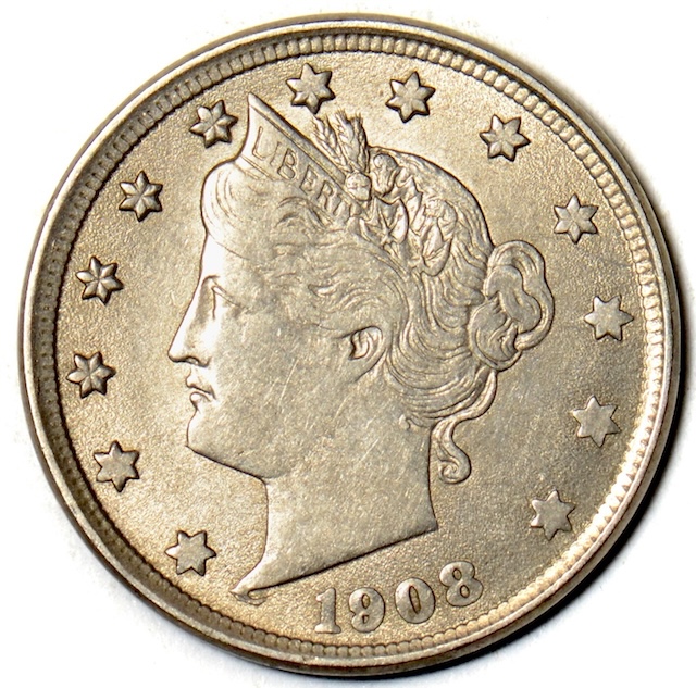 1908/08 RPD-003 repunched date Liberty nickel showing doubled impressions across all four date digits under magnification