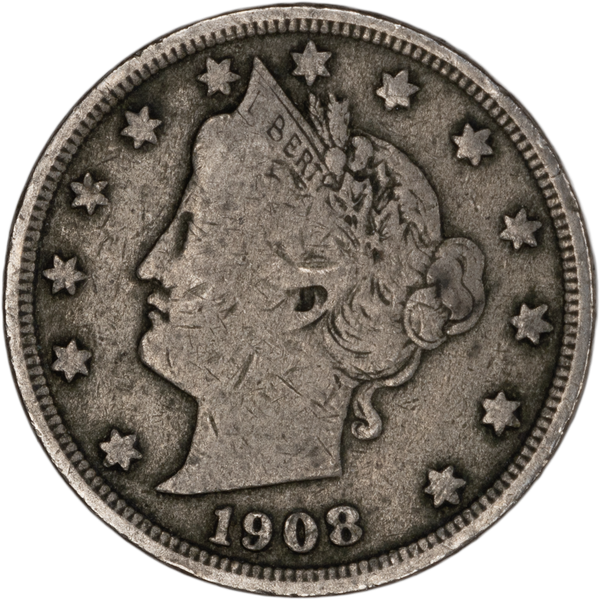 1908 Liberty nickel MPD-002 misplaced date variety showing partial digit impression in the denticles below the date