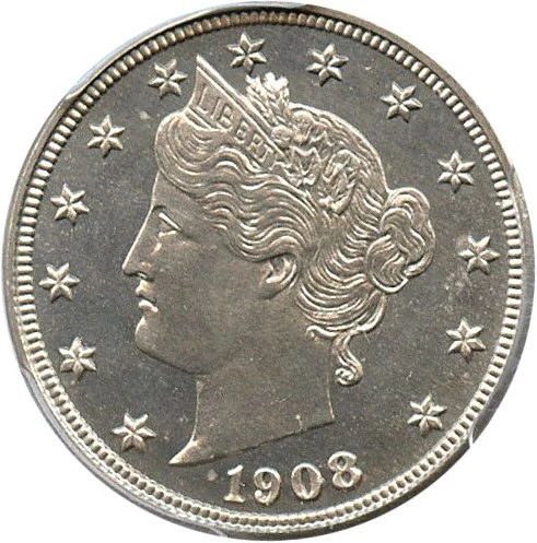 1908 Proof Liberty nickel showing mirror fields and frosted Liberty portrait with cameo contrast
