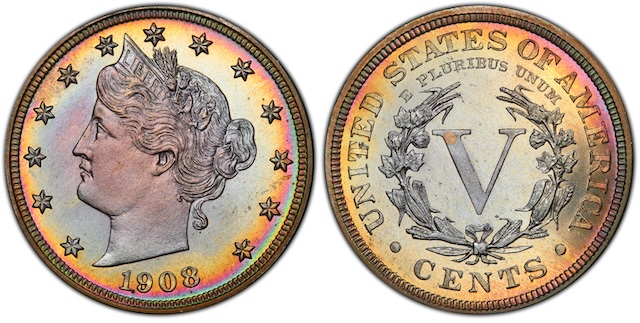 Philadelphia Mint circa 1908 or group of 1908 Liberty Head V nickels showing range of grades from worn to uncirculated
