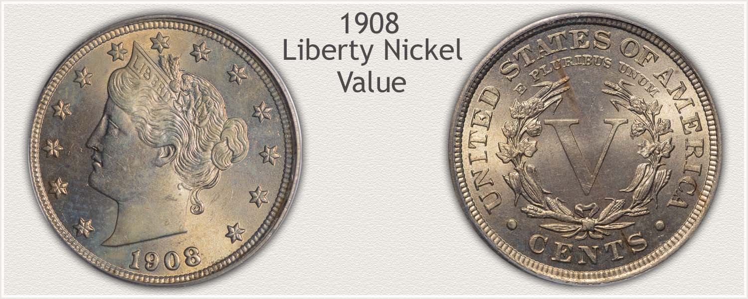 Grading strip showing four 1908 Liberty Head V nickels from Good through Mint State condition